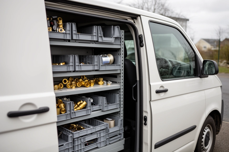 Sortierkisten mit Ersatzteilen in einem Transporter