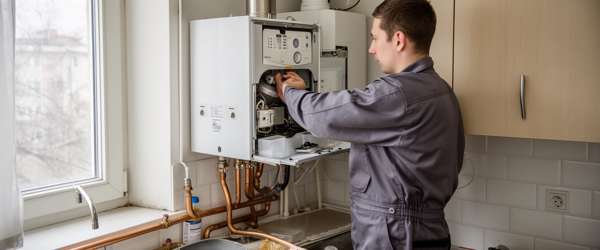 Ein Techniker prüft eine geöffnete Gas-Wandtherme in einer Wohnung